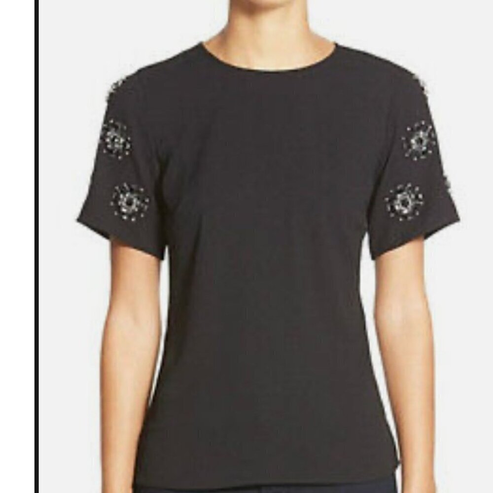 Michael Kors Black Embellished Sleeve Peplum Back Top, Size XS